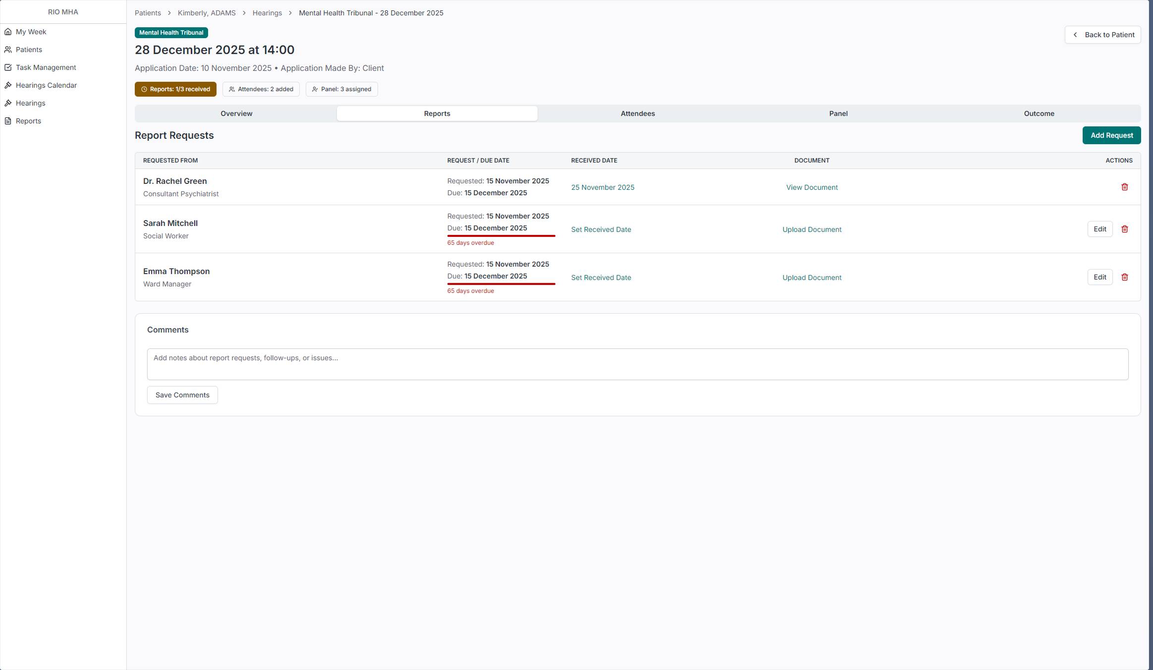 Hearing detail reports tab showing requested reports and overdue status