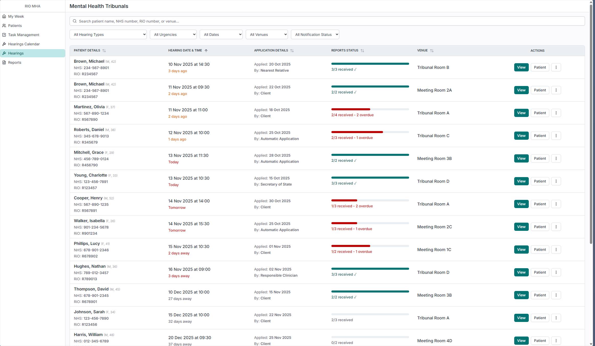 Hearings list showing all upcoming hearings with report progress bars